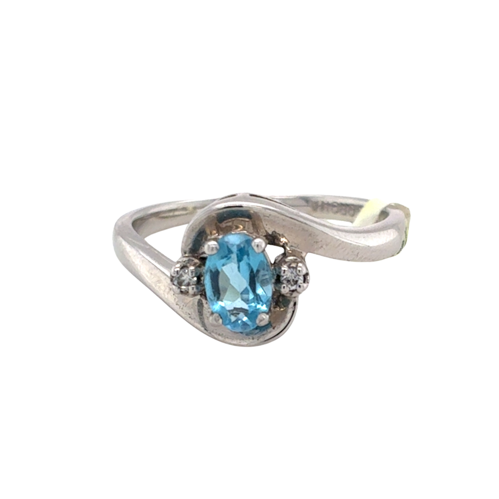 10kt White Gold 6X4MM Blue Topaz +.02TW Diamond Ring