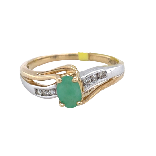 10kt Two Tone 6X4MM Emerald +.06TW Diamond Ring