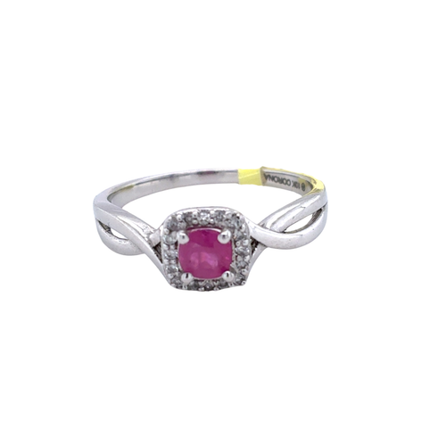 10kt White Gold 4X4MM Ruby +.13TW Diamond Ring