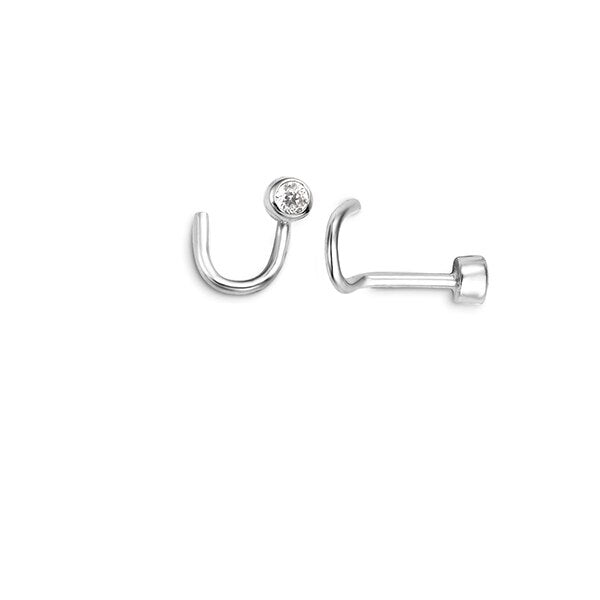 14kt White Gold Bezel Set CZ Nose Stud with Twisted Back