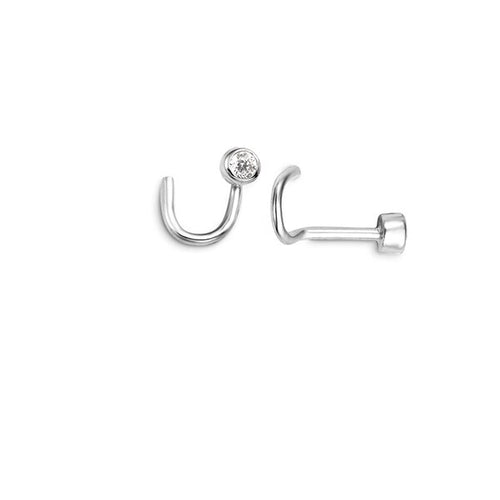 14kt White Gold Bezel Set CZ Nose Stud with Twisted Back