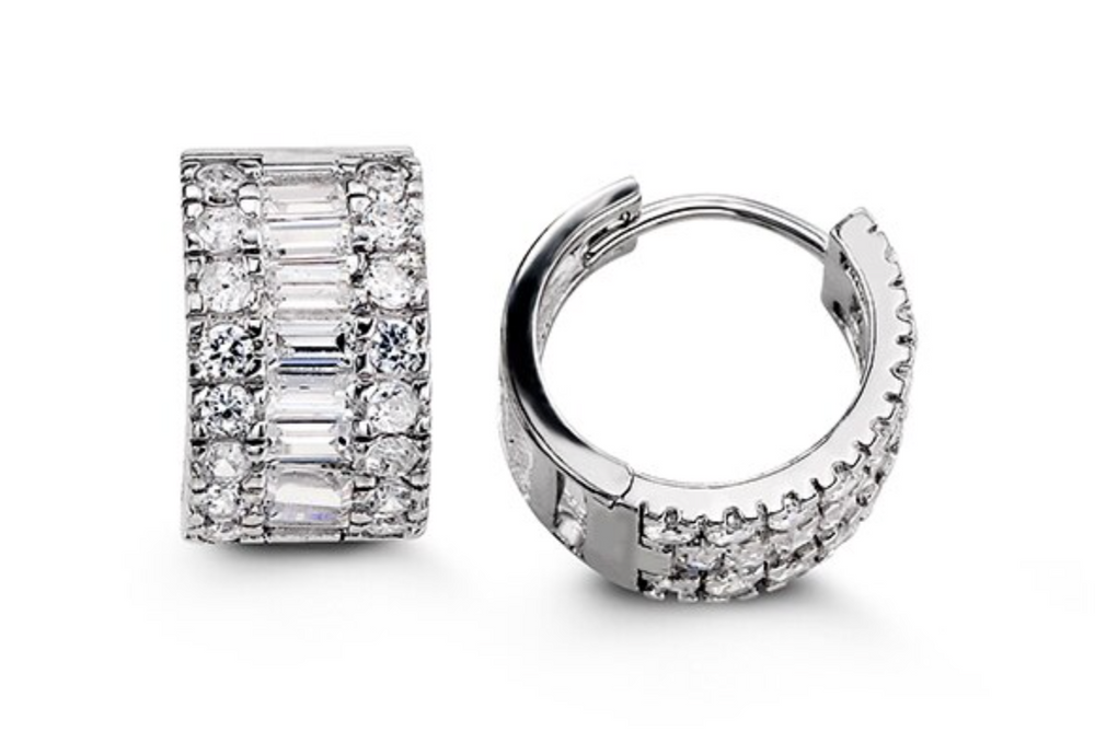 Sterling Silver CZ 3 Row Huggie Earrings