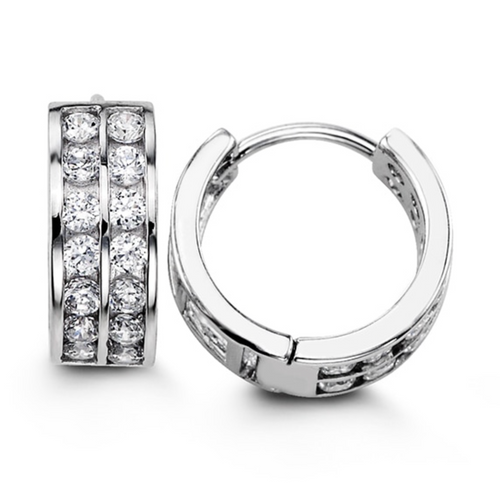Sterling Silver CZ 2 Channel Huggie Earrings