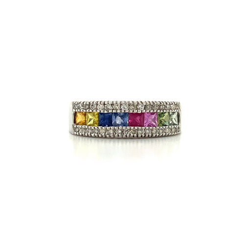 14kt White Gold Multi-coloured Sapphire and Diamond Band