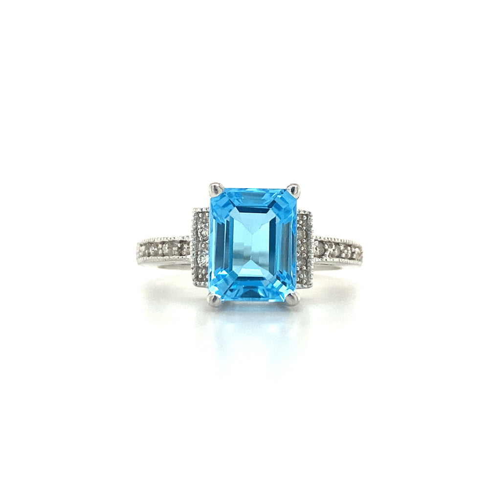 14K White Gold Blue Topaz ring with diamonds