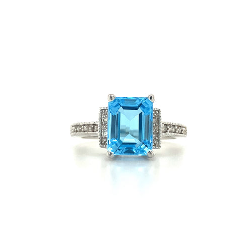 14K White Gold Blue Topaz ring with diamonds