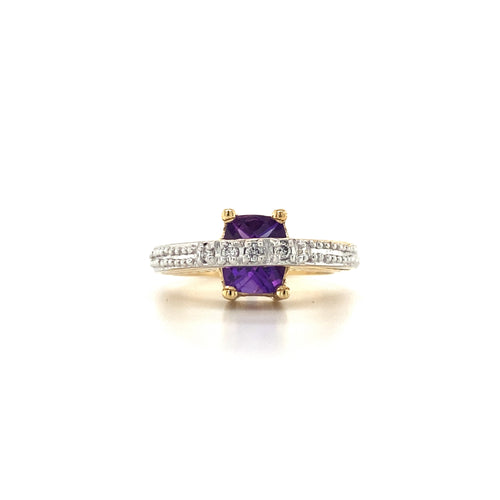 10KT Yellow Gold Amethyst + Diamond band around Centre stone ring