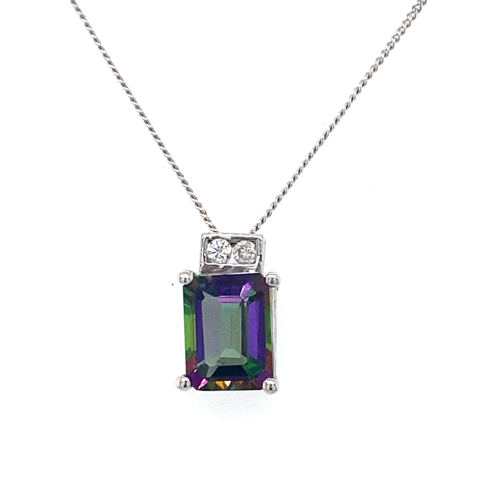 10KT White Gold Mystic Topaz + Diamond Pendant
