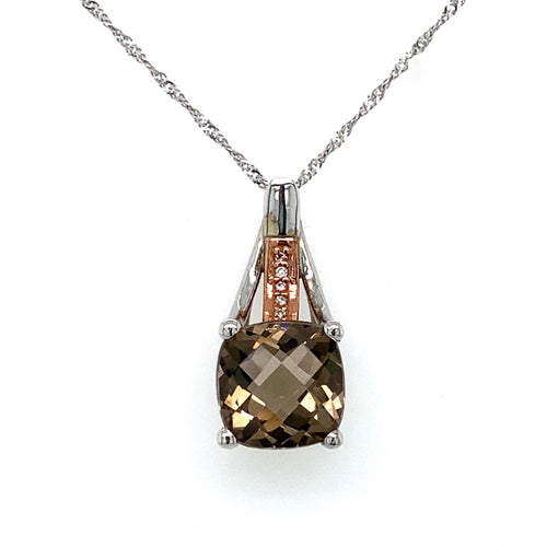 10kt White Gold Smokey Quartz + Diamond Pendant