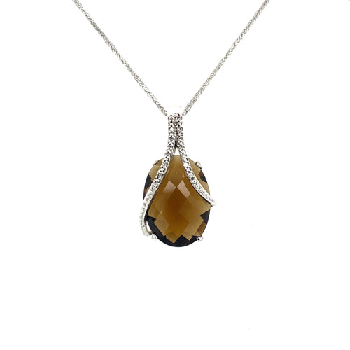 10K White Gold Smokey Quartz Pendant with Diamonds