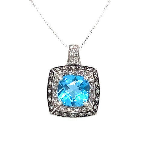 10KT White Gold Blue Topaz Pendant + Diamonds