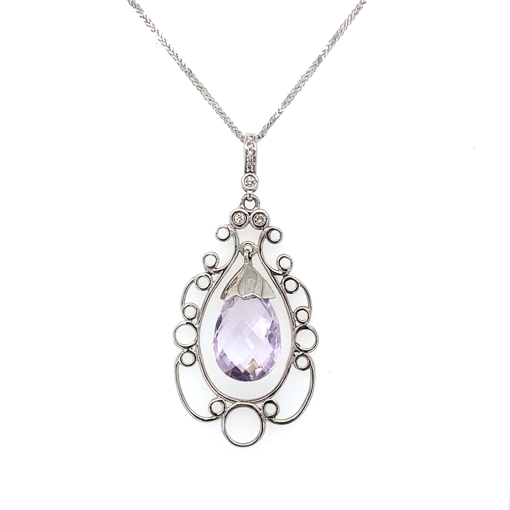 10KT White Gold Pear Shaped Lilac Quartz pendant with diamonds