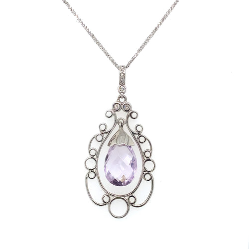 10KT White Gold Pear Shaped Lilac Quartz pendant with diamonds