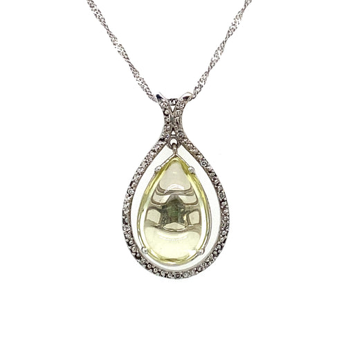 10K White Gold Lime Quartz and natural diamond Pendant