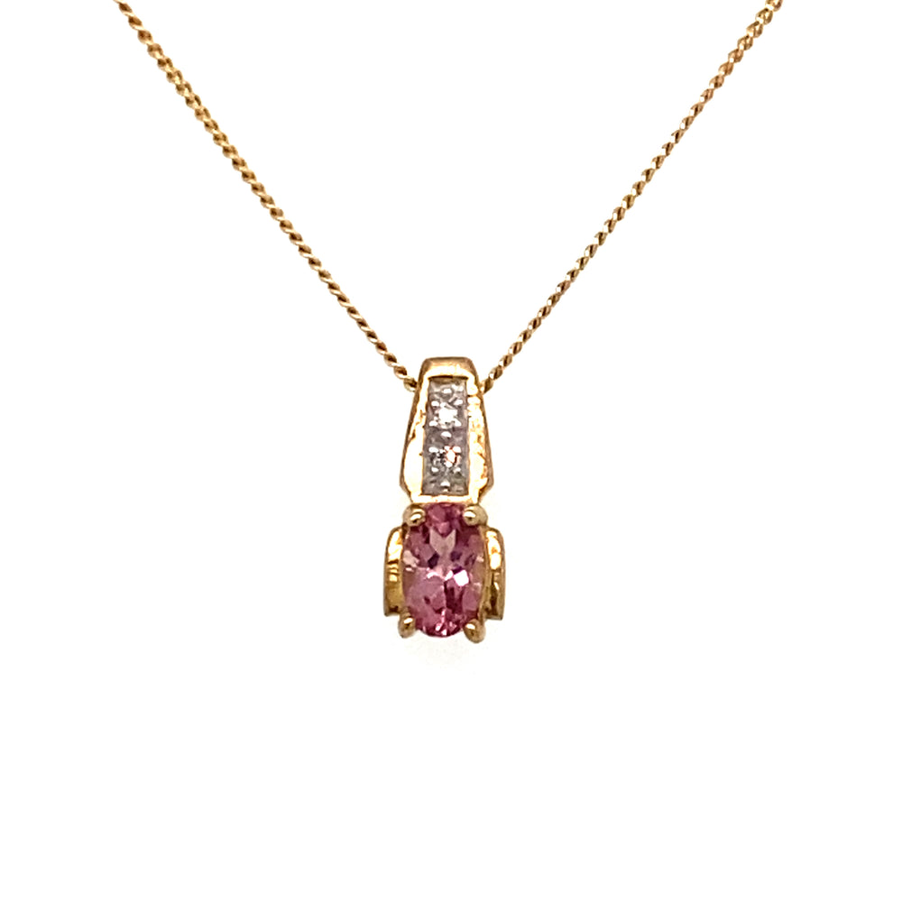 10K Yellow Gold Pink Tourmaline + Diamond Pendant