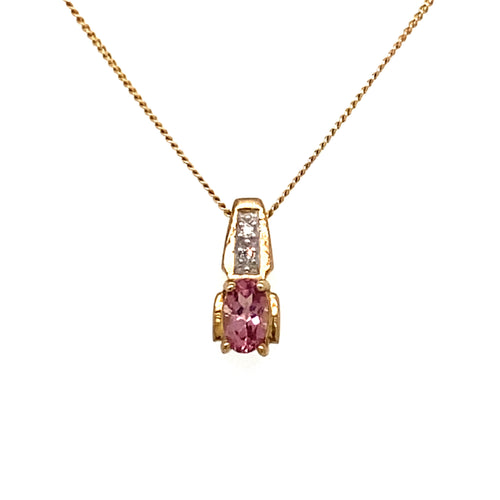10K Yellow Gold Pink Tourmaline + Diamond Pendant