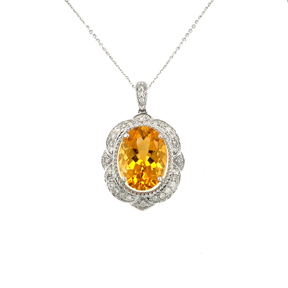 10KT White Gold Oval shaped Citrine and Diamond Accent Pendant