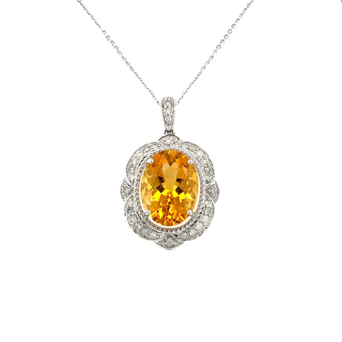 10KT White Gold Oval shaped Citrine and Diamond Accent Pendant