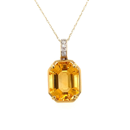 14KT Yellow Gold Citrine + Diamonds Pendant