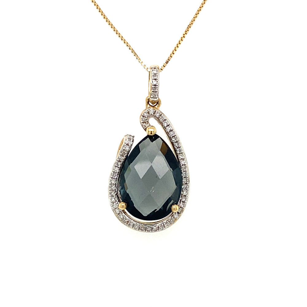 14KT Yellow Gold Pear shaped London Blue Topaz with Diamonds Pendant