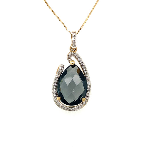 14KT Yellow Gold Pear shaped London Blue Topaz with Diamonds Pendant