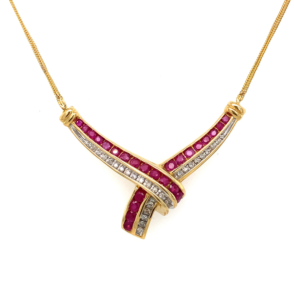 14KT Yellow Gold Ruby + Diamond Pendant Necklace