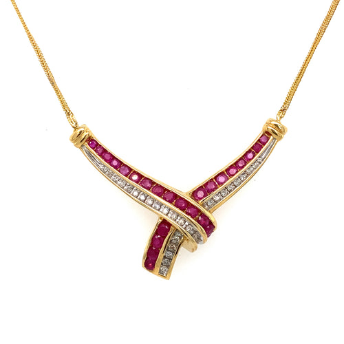 14KT Yellow Gold Ruby + Diamond Pendant Necklace