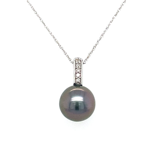 14KT White gold Tahitian Pearl + Diamonds