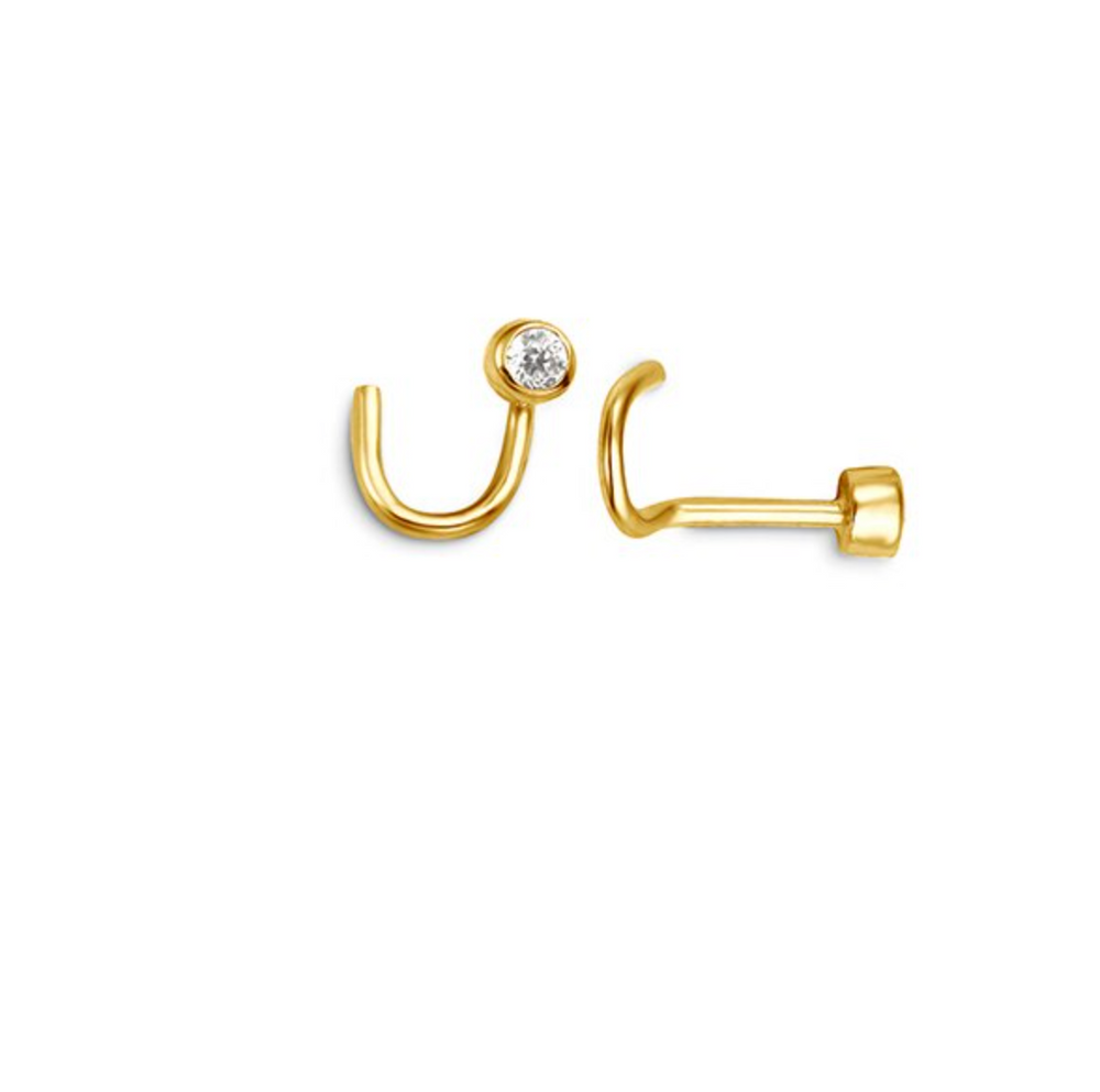 14kt Yellow Gold Bezel Set CZ Nose Stud with Twisted Back