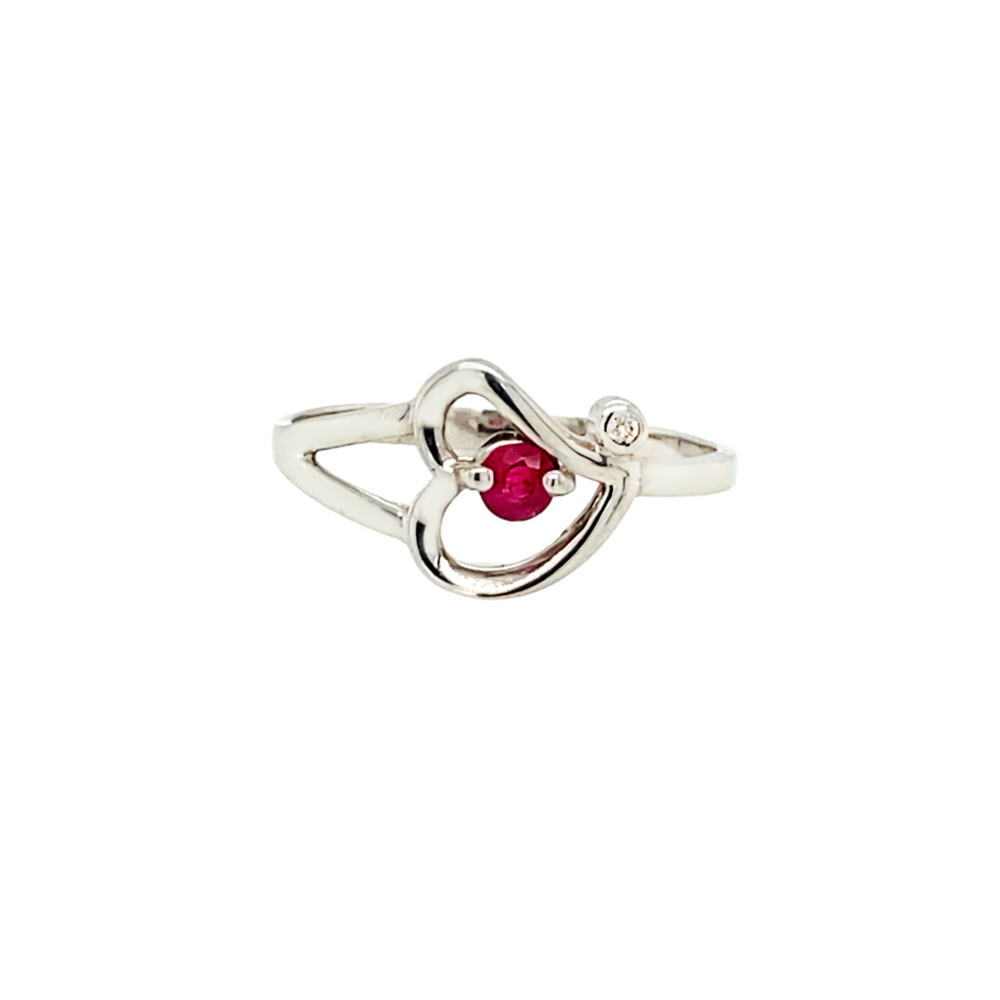 Heart-Shaped Sterling Silver Ring with Ruby and Diamond