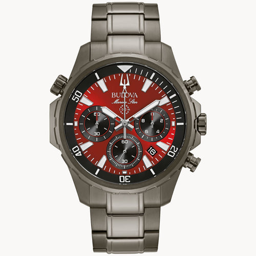 Bulova Red Dial Marine Star Series B Stainless Steel Watch 98B350