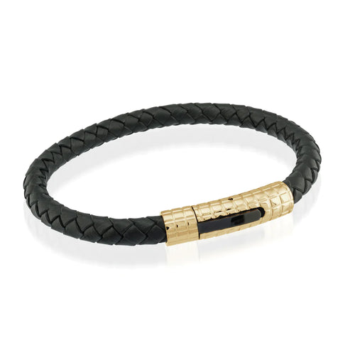 Italgem IP Gold Stainless Steel and Black Leather Bracelet SLB166