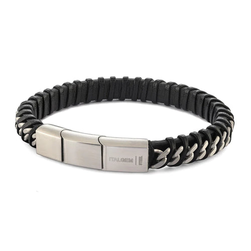 Italgem Stainless Steel and Leather Curb Bracelet SLB430