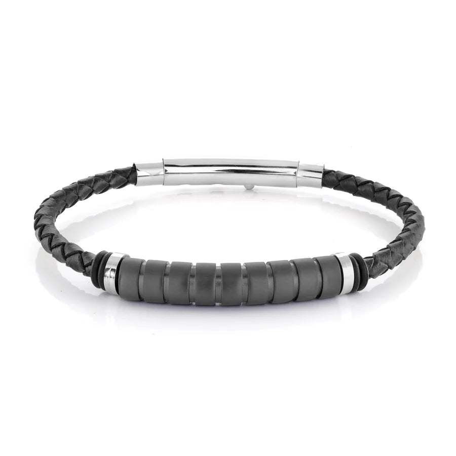 Italgem Stainless Steel and Black Leather Bracelet SLB501