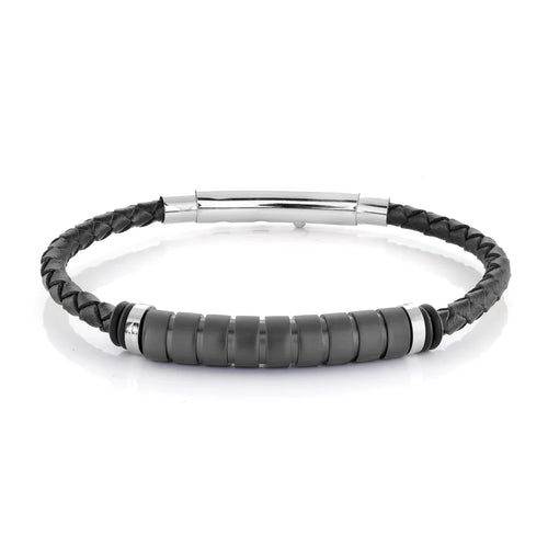 Italgem Stainless Steel and Black Leather Bracelet SLB501