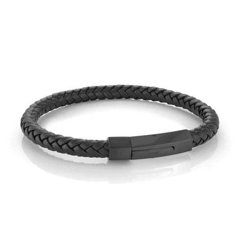 Italgem IP Black Stainless Steel and Black Leather Bracelet SLB506