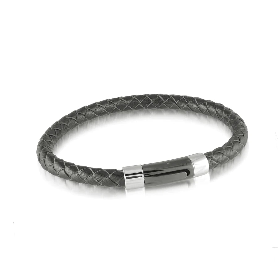 Italgem IP Black Stainless Steel and Black Leather Bracelet SLB124