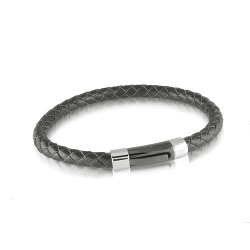 Italgem IP Black Stainless Steel and Black Leather Bracelet SLB124
