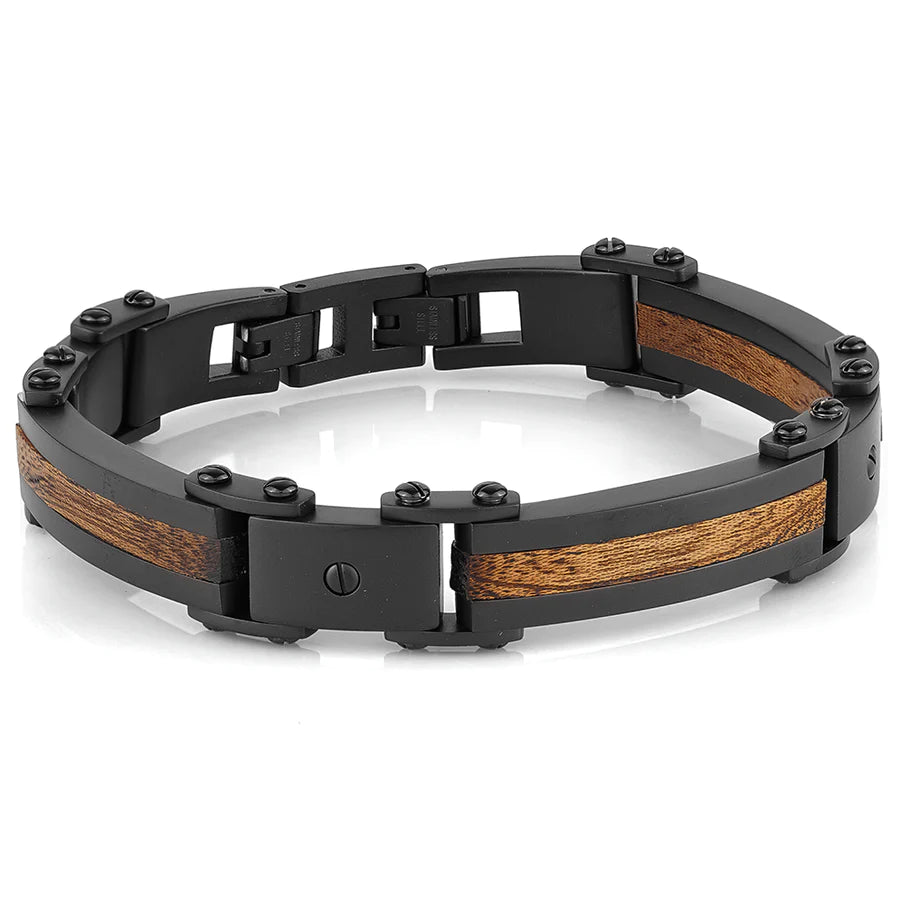 Italgem IP Black Stainless Steel with Wood Inlay Bracelet SMB290