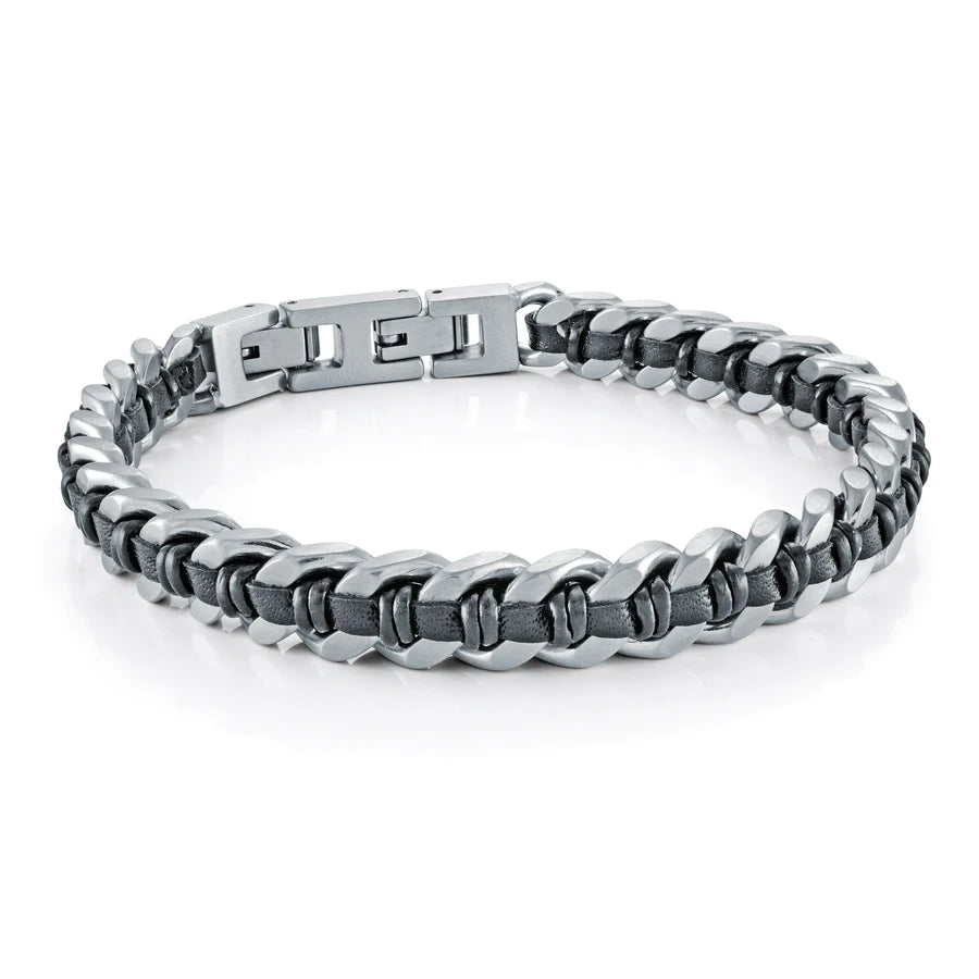 Italgem Stainless Steel Matte Curb Link and Black Leather Bracelet SMB626