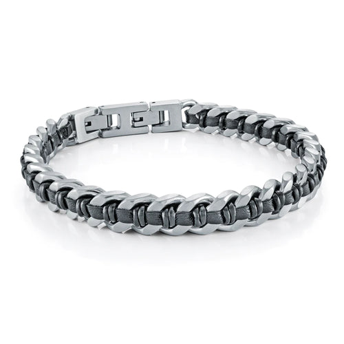 Italgem Stainless Steel Matte Curb Link and Black Leather Bracelet SMB626