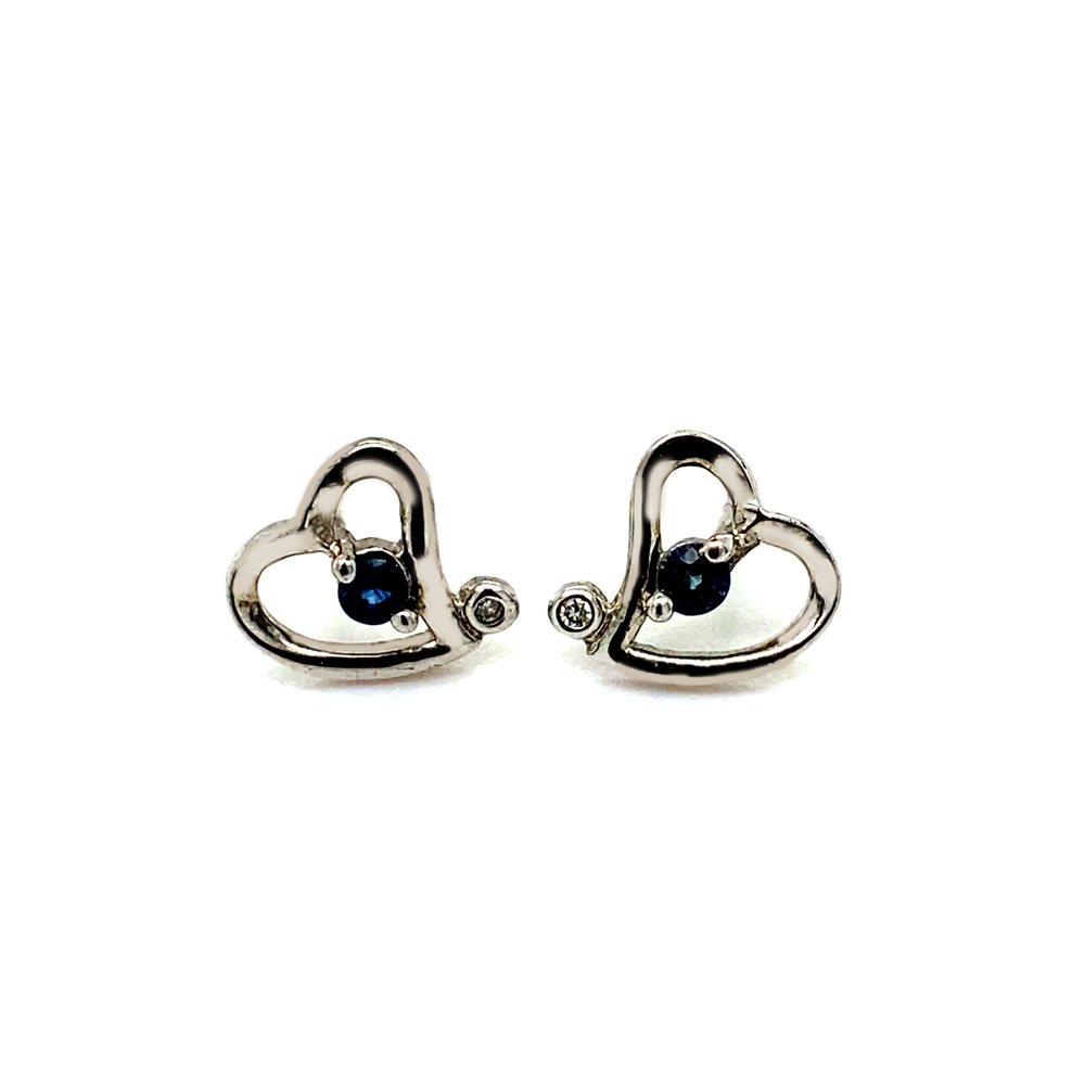 Sterling Silver Heart-Shaped Earrings with Blue Sapphire and Diamond