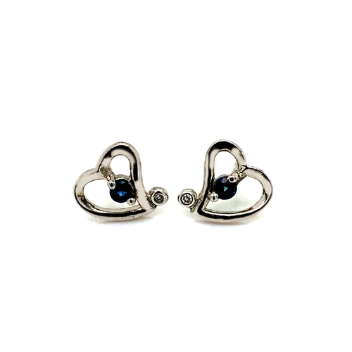 Sterling Silver Heart-Shaped Earrings with Blue Sapphire and Diamond