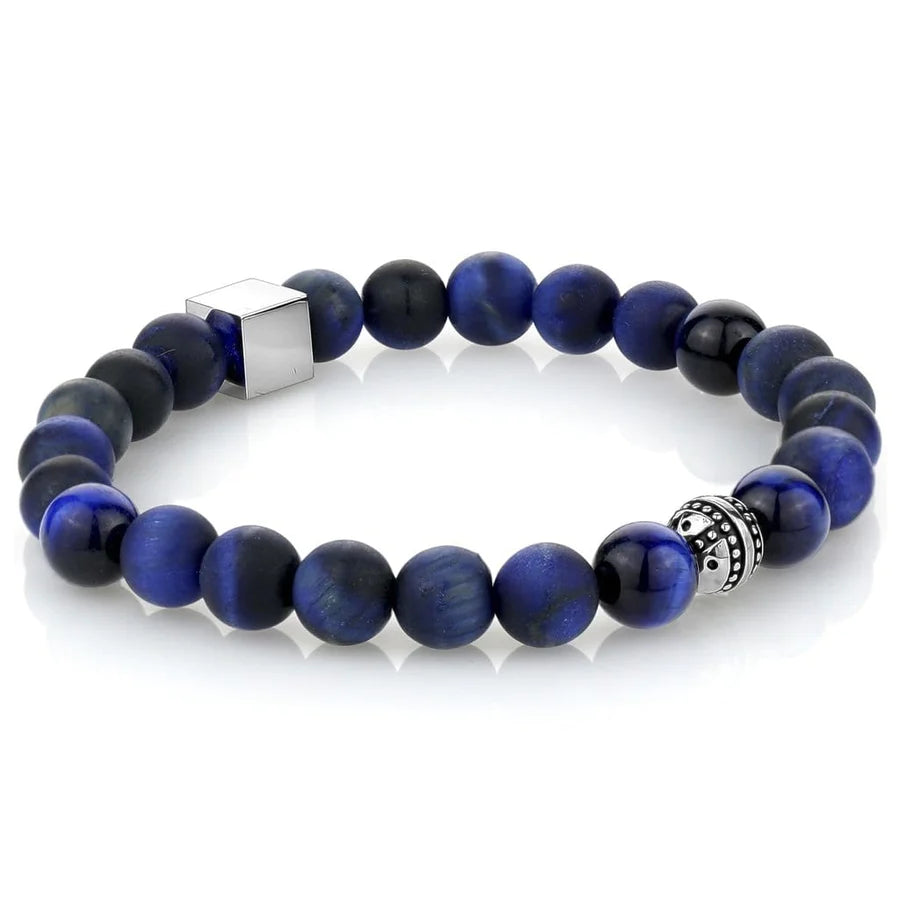 Italgem Gunmetal IP Stainless Steel Matte Genuine Blue Tiger's Eye Bead Bracelet BB-167