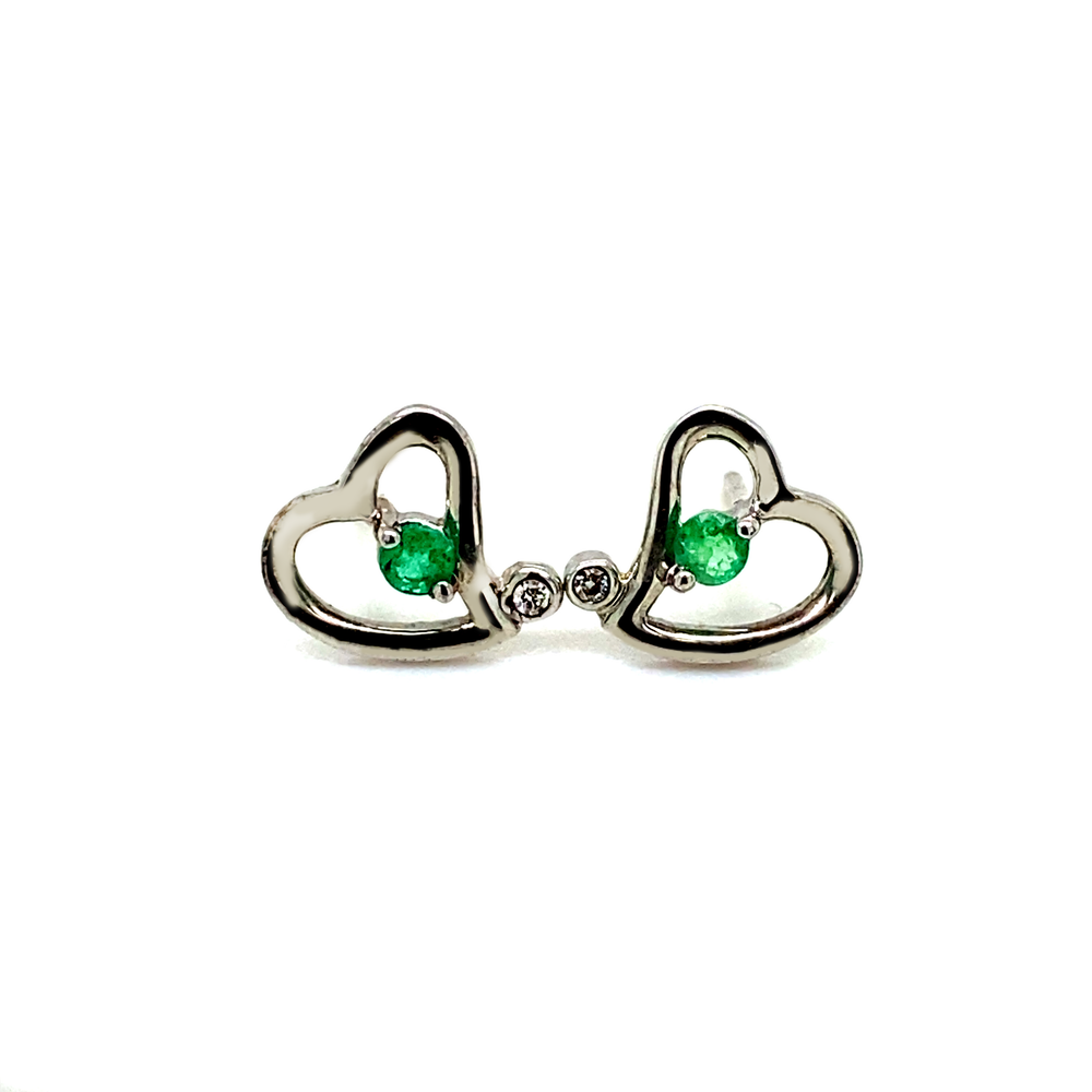 Sterling Silver Heart-Shaped Earrings with Emerald and Diamond