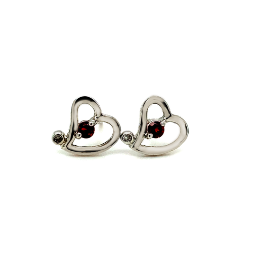 Sterling Silver Heart-Shaped Earrings with Garnet and Diamond