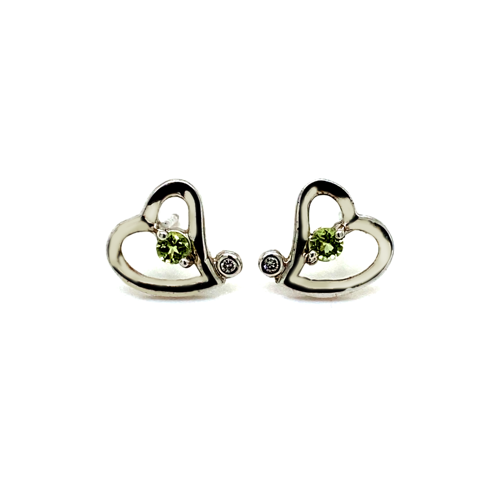 Sterling Silver Heart-Shaped Earrings with Peridot and Diamond