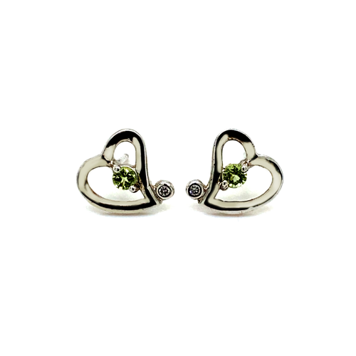 Sterling Silver Heart-Shaped Earrings with Peridot and Diamond