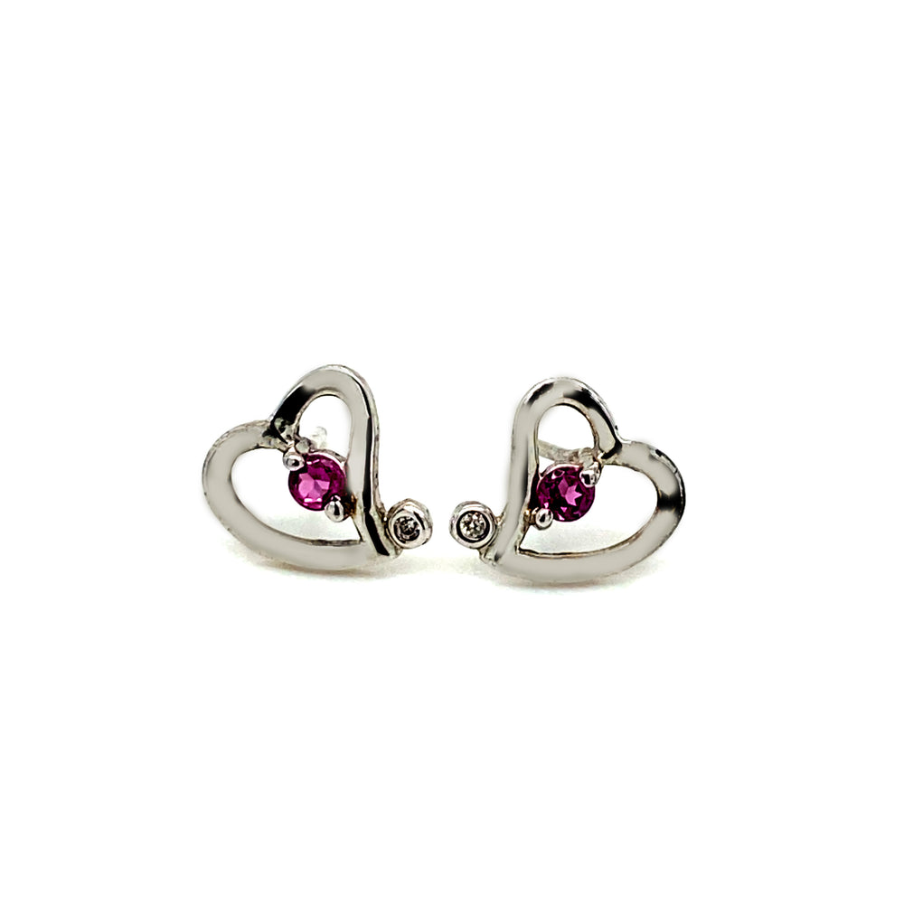 Sterling Silver Heart-Shaped Earrings with Pink Rhodolite and Diamond