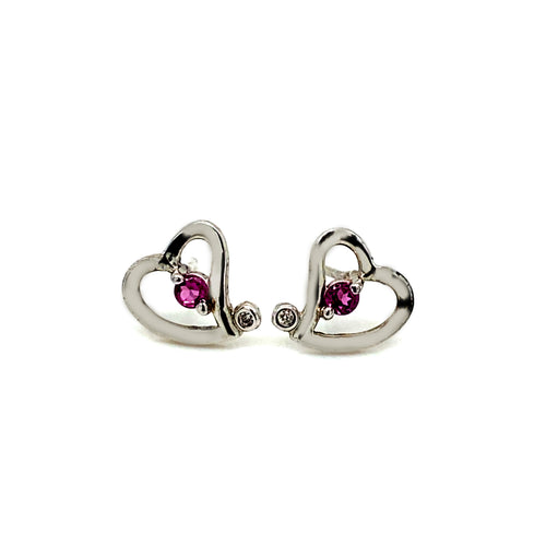 Sterling Silver Heart-Shaped Earrings with Pink Rhodolite and Diamond
